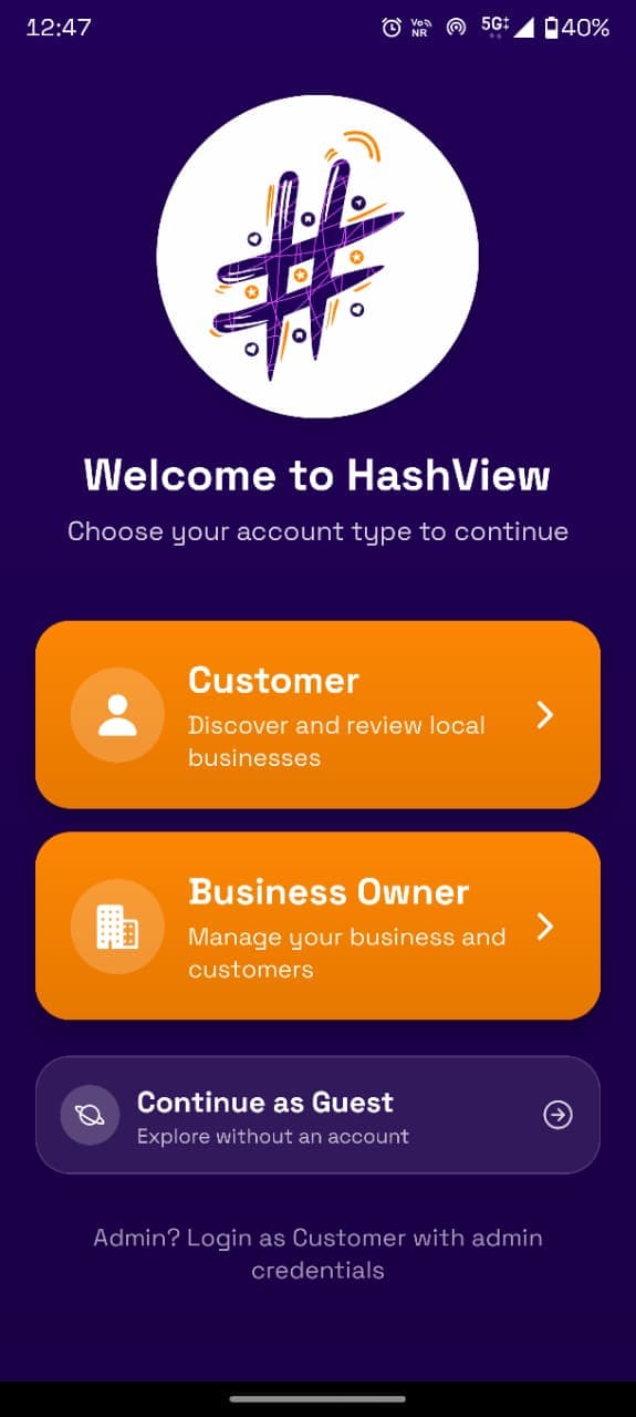 HashView App - Login Screen